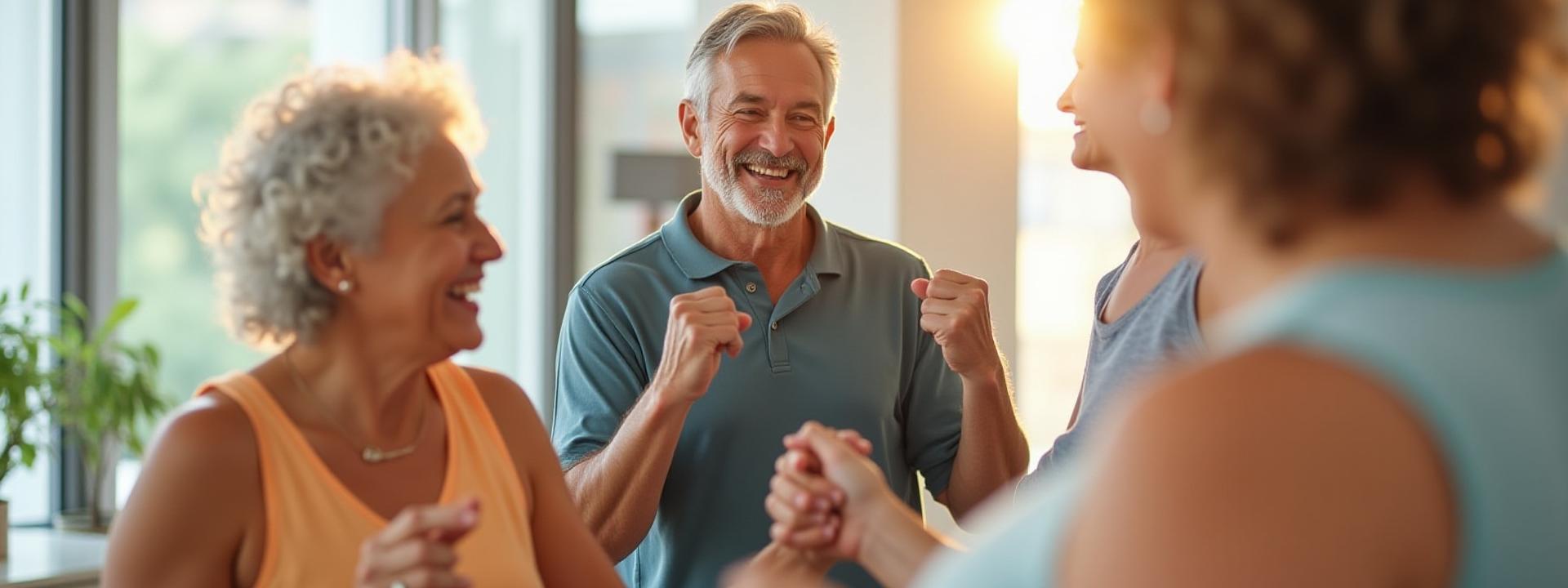 Diverse group of adults over 35 collaborating and laughing in a modern, light-filled wellness workshop.