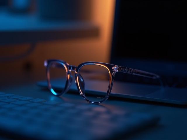 Stylish blue light blocking glasses resting on a laptop keyboard