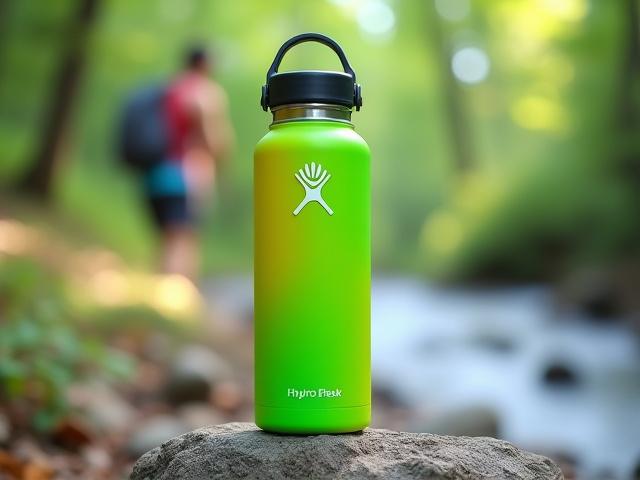 A brightly colored Hydro Flask water bottle on an active, outdoor background