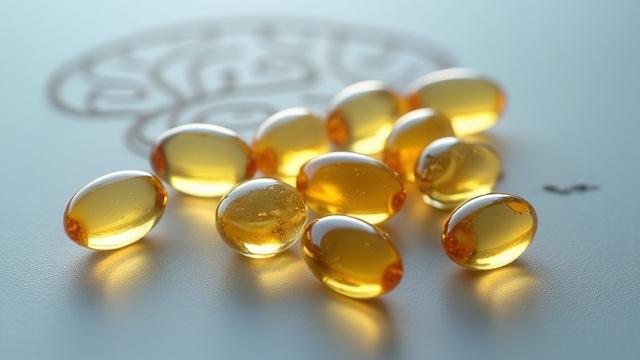 Dietary supplements, omega-3 capsules on a stylized background, emphasizing brain health benefits