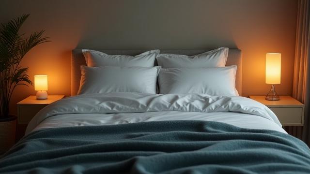Peaceful bedroom scene with soft lighting, fresh linens, and calming elements, promoting good sleep hygiene