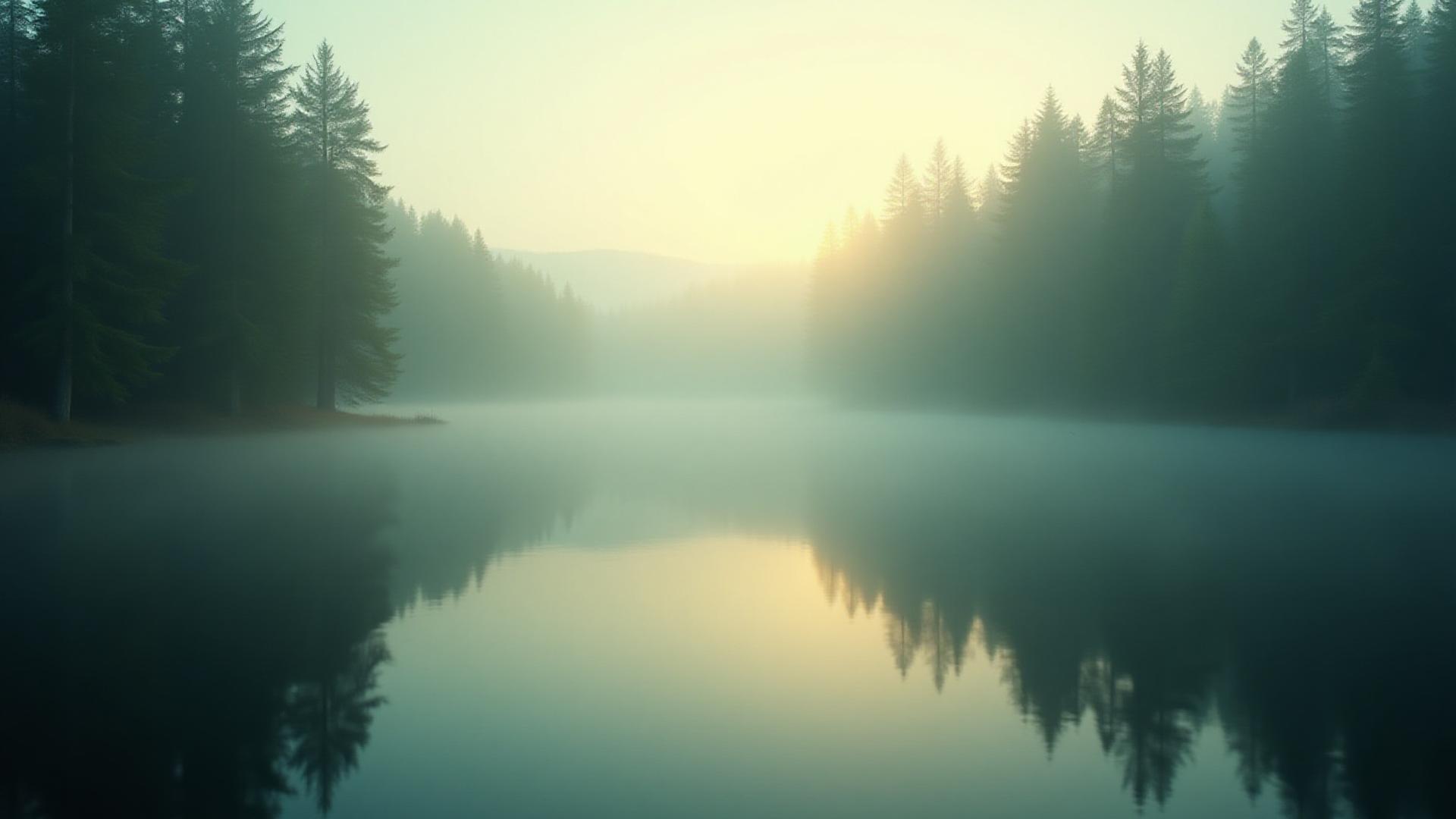 Misty forest with calm lake at dawn, a serene setting for a digital detox retreat