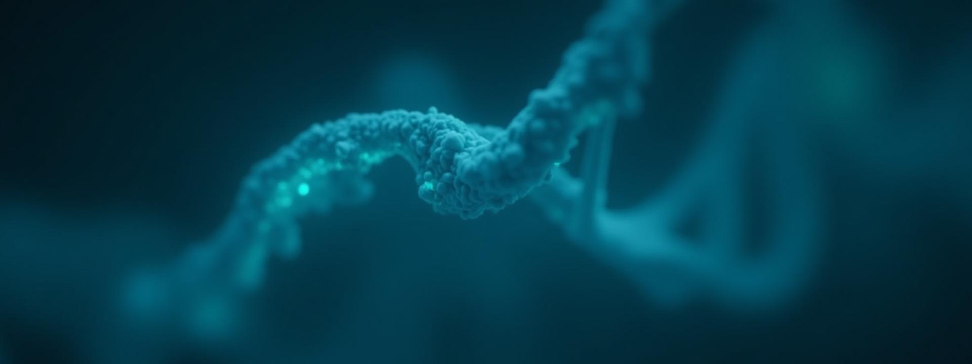 Abstract representation of intertwined DNA strands and microscopic cellular structures, glowing with a soft, scientific light.